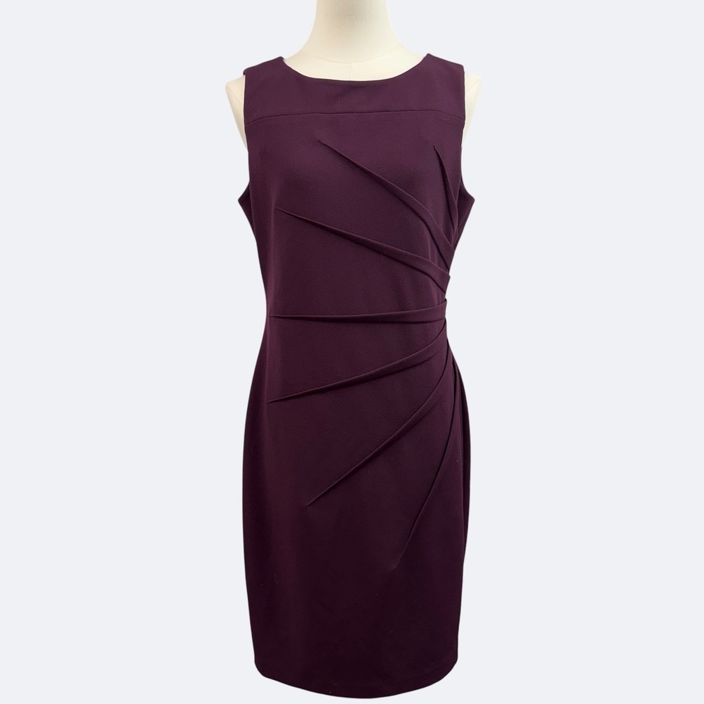 Calvin Klein Dress Womens 8 Purple Pleated Sheath Sleeveless Knit Stretch Office